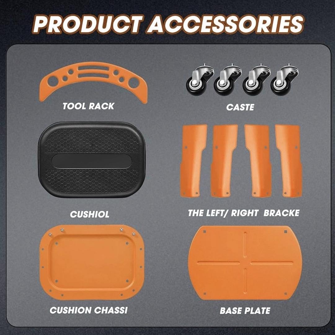 Removable Rolling Garage Stool with Seat Cushion & Tool Tray Plate (Orange)
