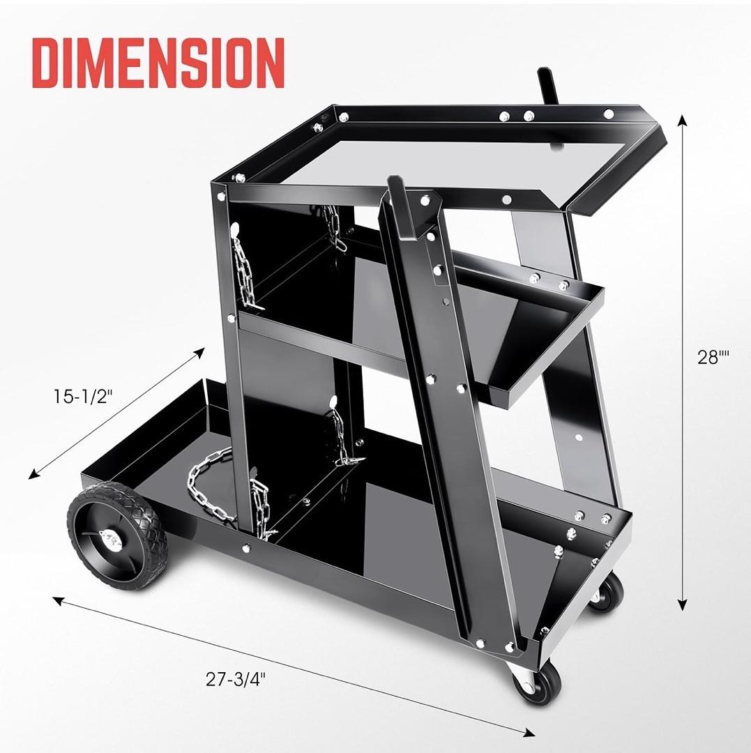 Welding Cart for TIG MIG Welder and Plasma Cutter, Heavy Duty 3 Tiers Rolling Welding Cart, Rolling Welding Trolley w/360° Swivel Wheels, Tank Storage Safety Chains