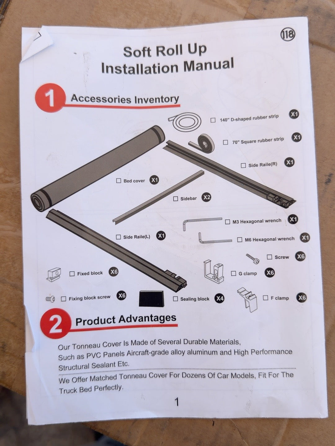 Soft roll-up tonneau cover installation manual marked 118