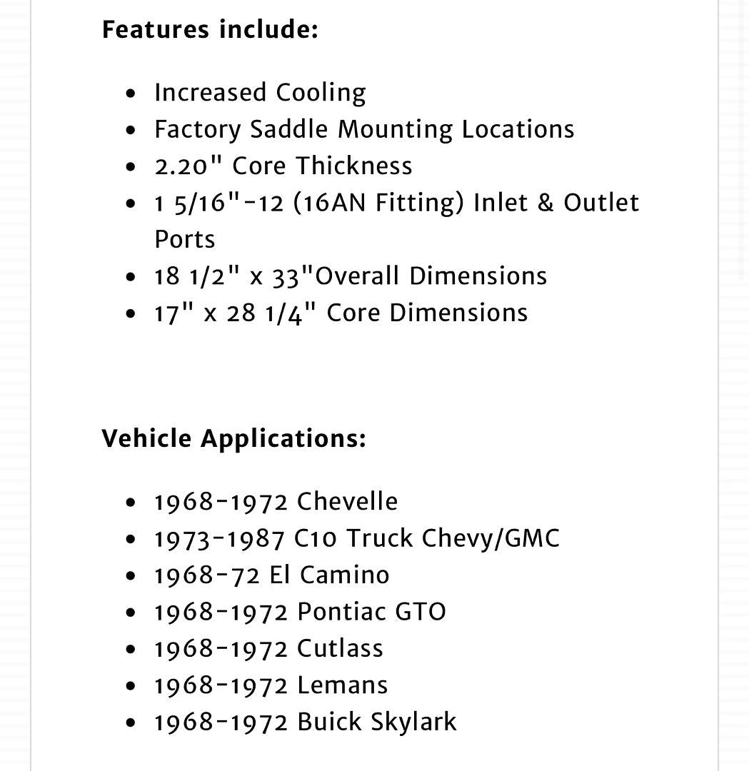 LS LT SWAP RADIATOR (1968-72 A-BODY, 1973-87 C10 TRUCK) 36X21X6 20LBS SE-RA-CHEVY68-LSX