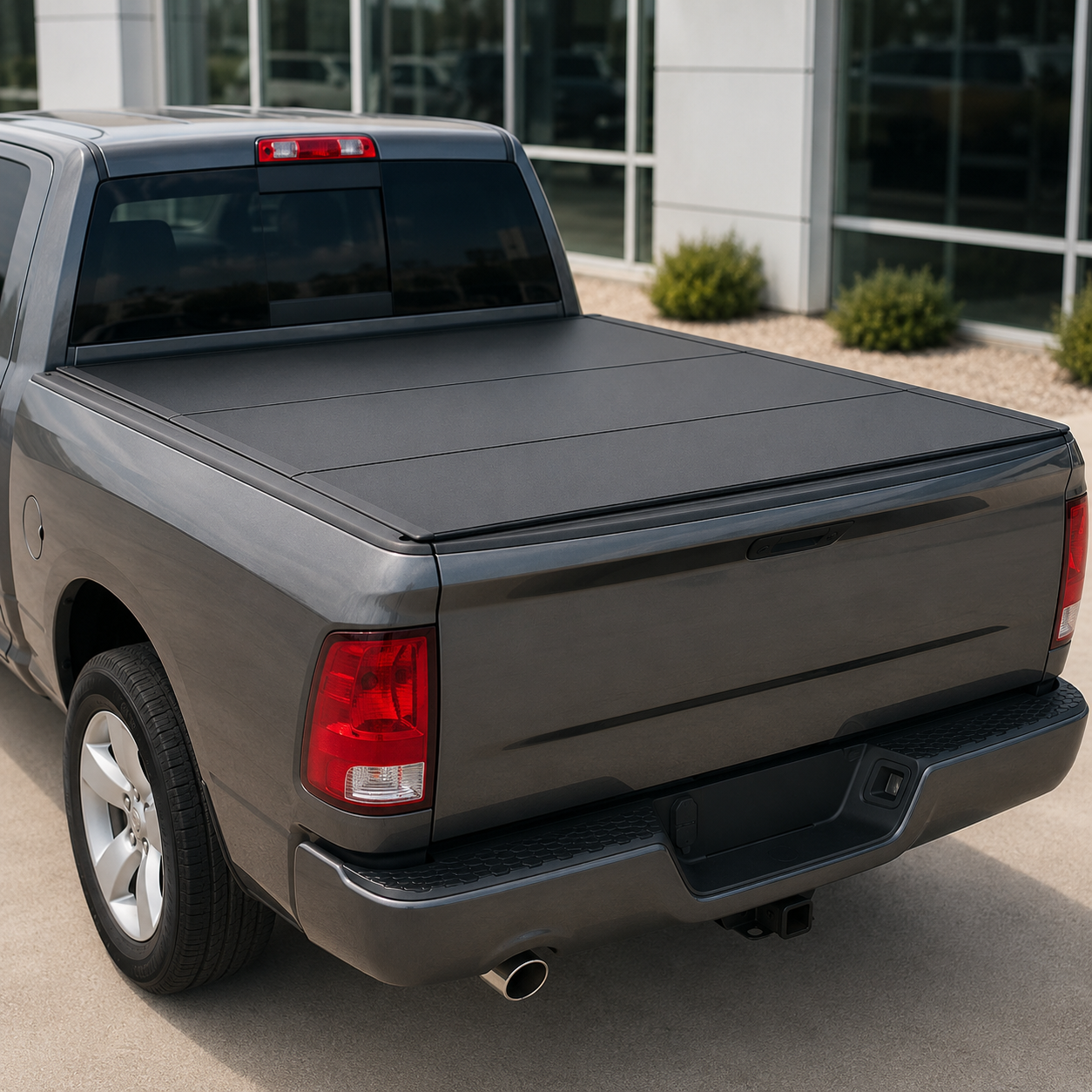 Black flush hard tri-fold cover on short-bed pickup truck