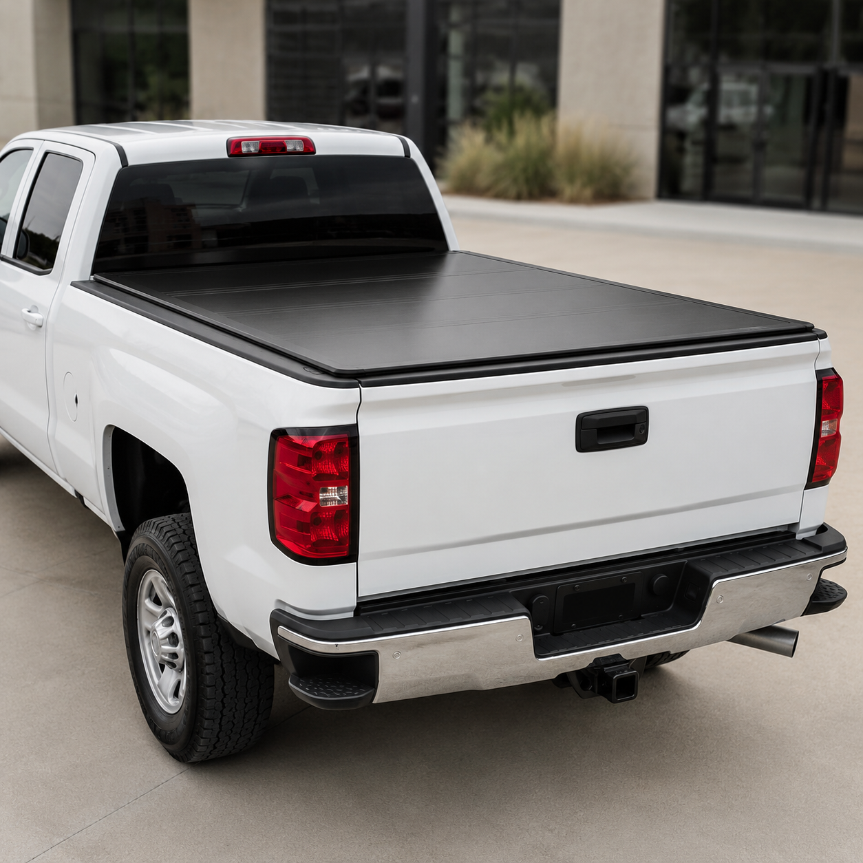 Black hard flush tonneau cover on heavy-duty pickup truck