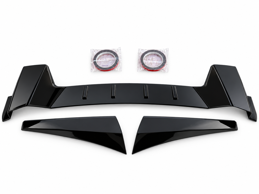 Actual gloss-black three-piece spoiler kit - front on white background