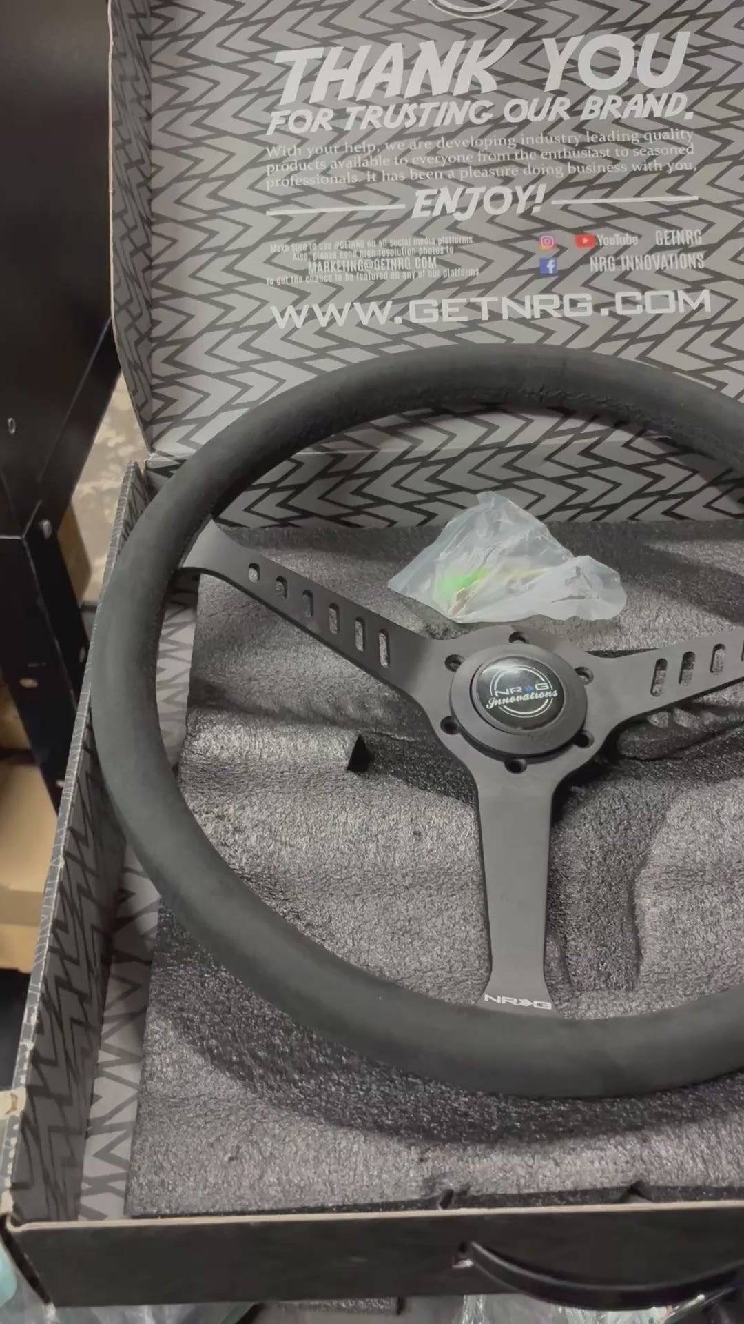 REINFORCED CLASSIC STEALTH WHEEL, 380MM, 3 SPOKE CENTER WITH DIAGNAL SLITS, 1" DEEP DISH WITH VEGAN SUEDE AND BLACK STITCHING