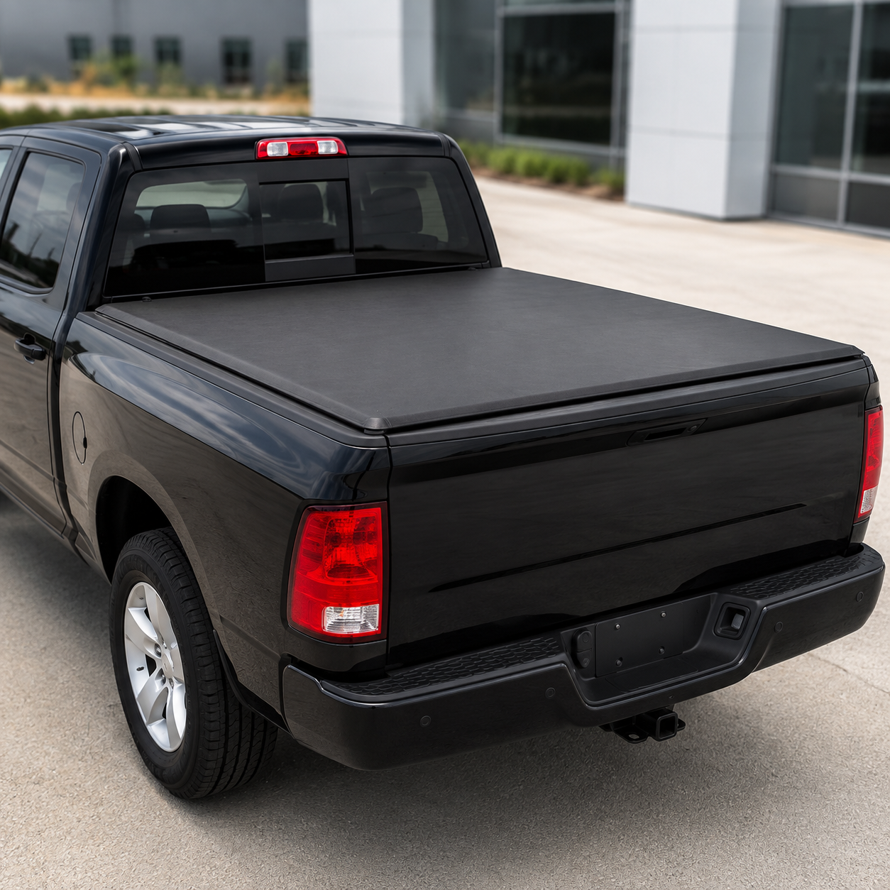 Black soft roll-up tonneau cover on pickup truck